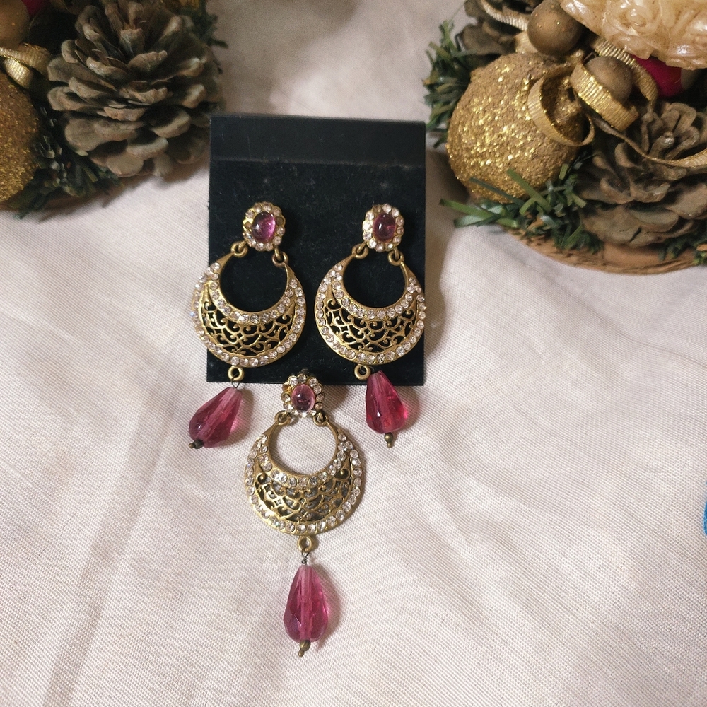 Pink stone chandbali with pendant - Picture 1 of 7